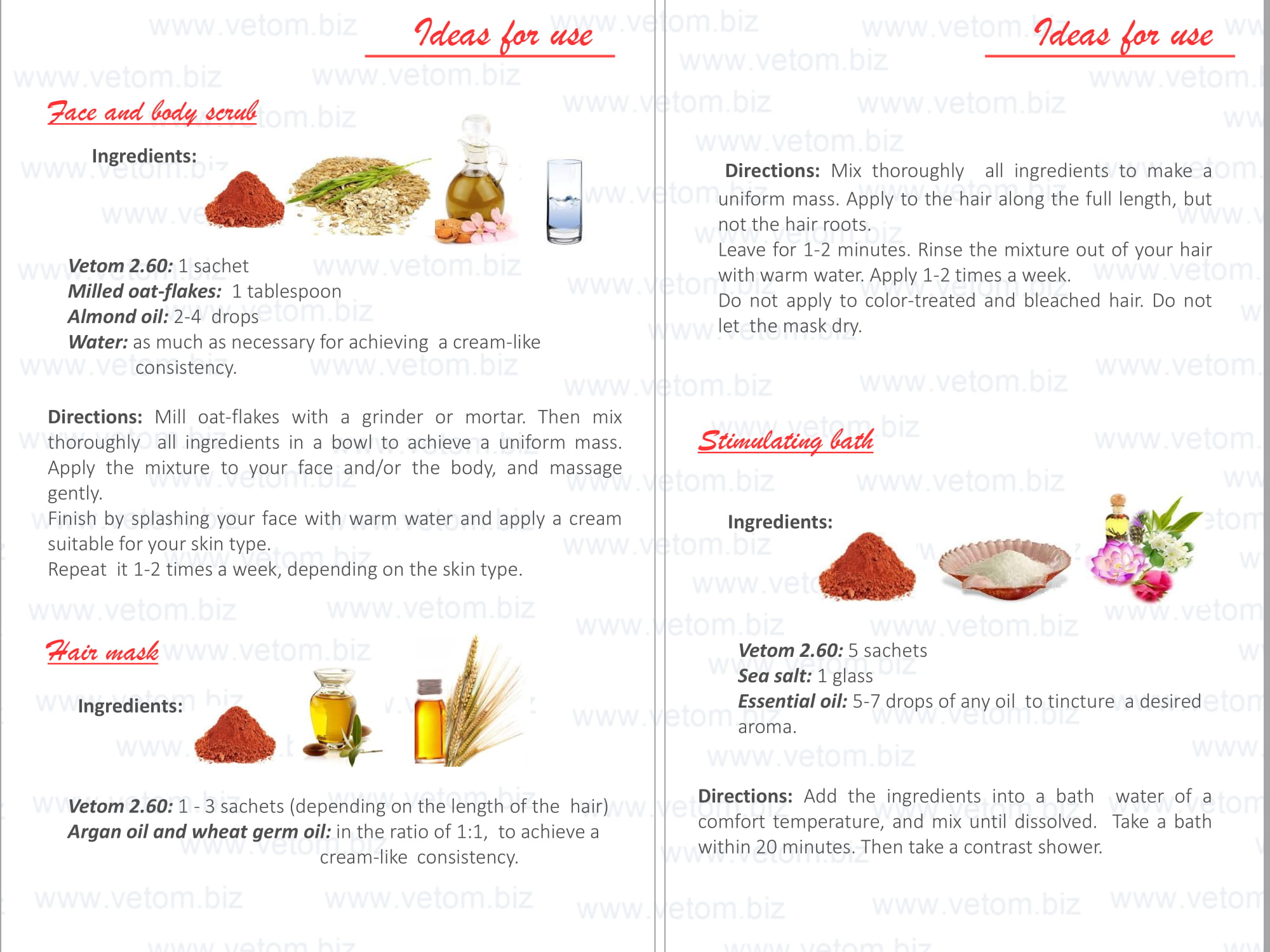 Vetom 2.60 - Red cosmetic clay. Ideas for use: Face and body scrub, Hair mask, Stimulating bath.